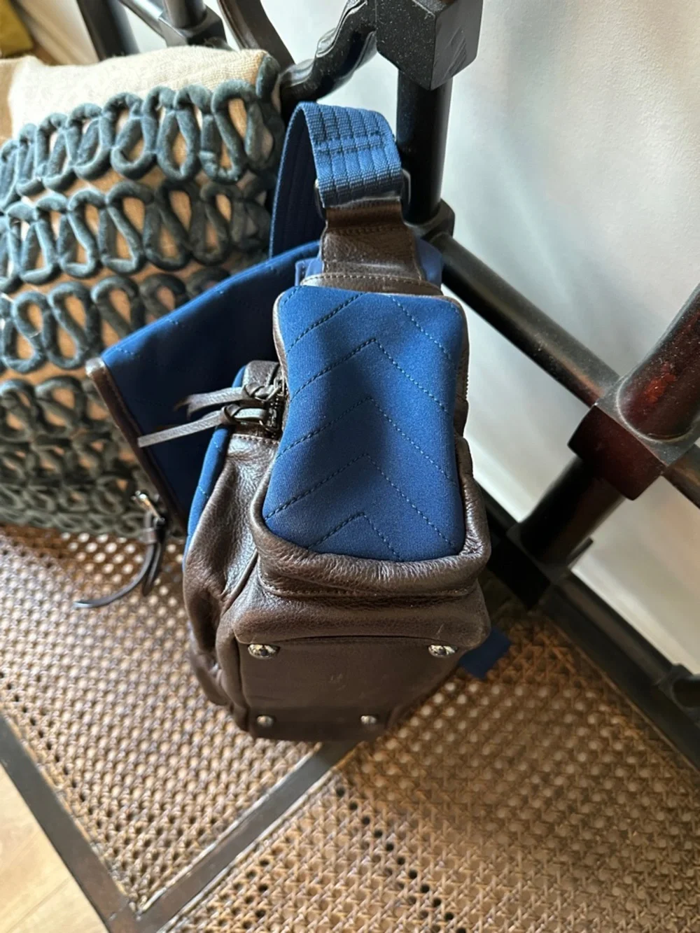 Harmont & Blaine Navy Blue quilted and Brown leather Messenger Bag